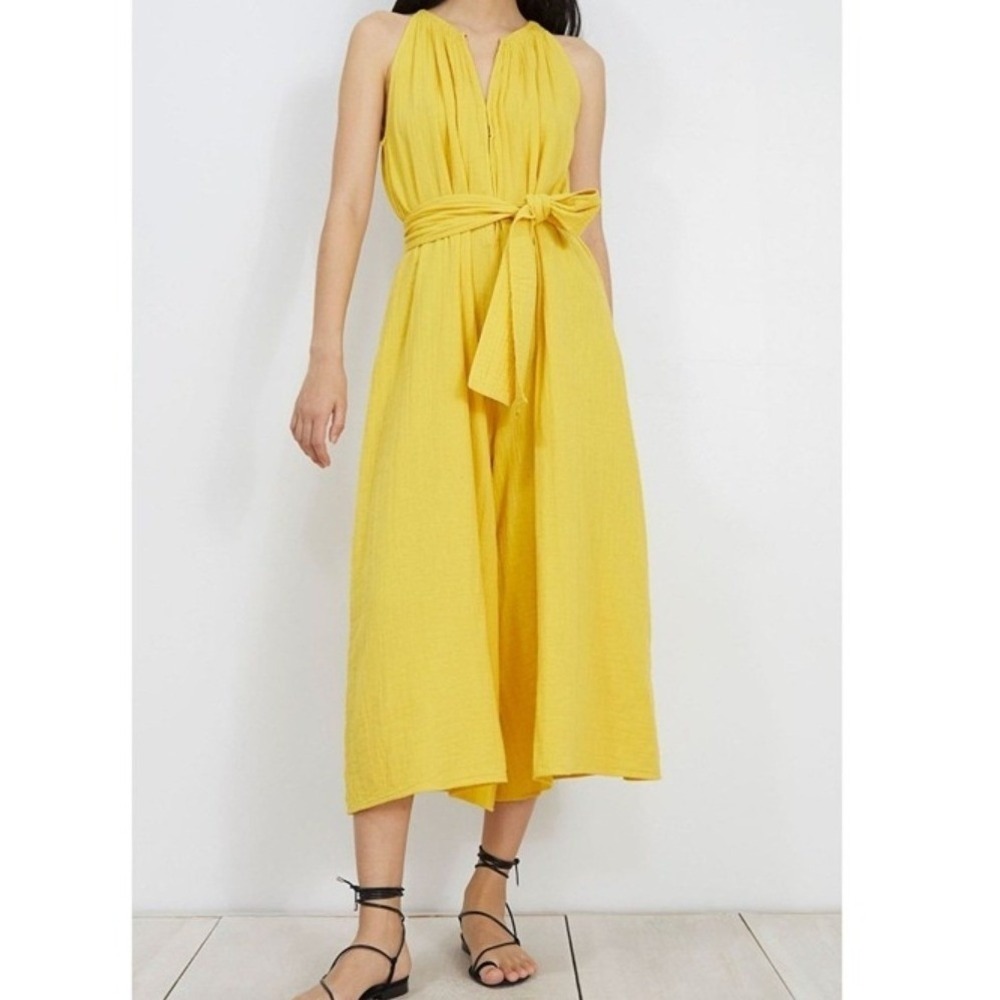 Apiece Apart Isla Yellow Cotton Gauze Wide Leg Halter Jumpsuit Waist Tie Size 4